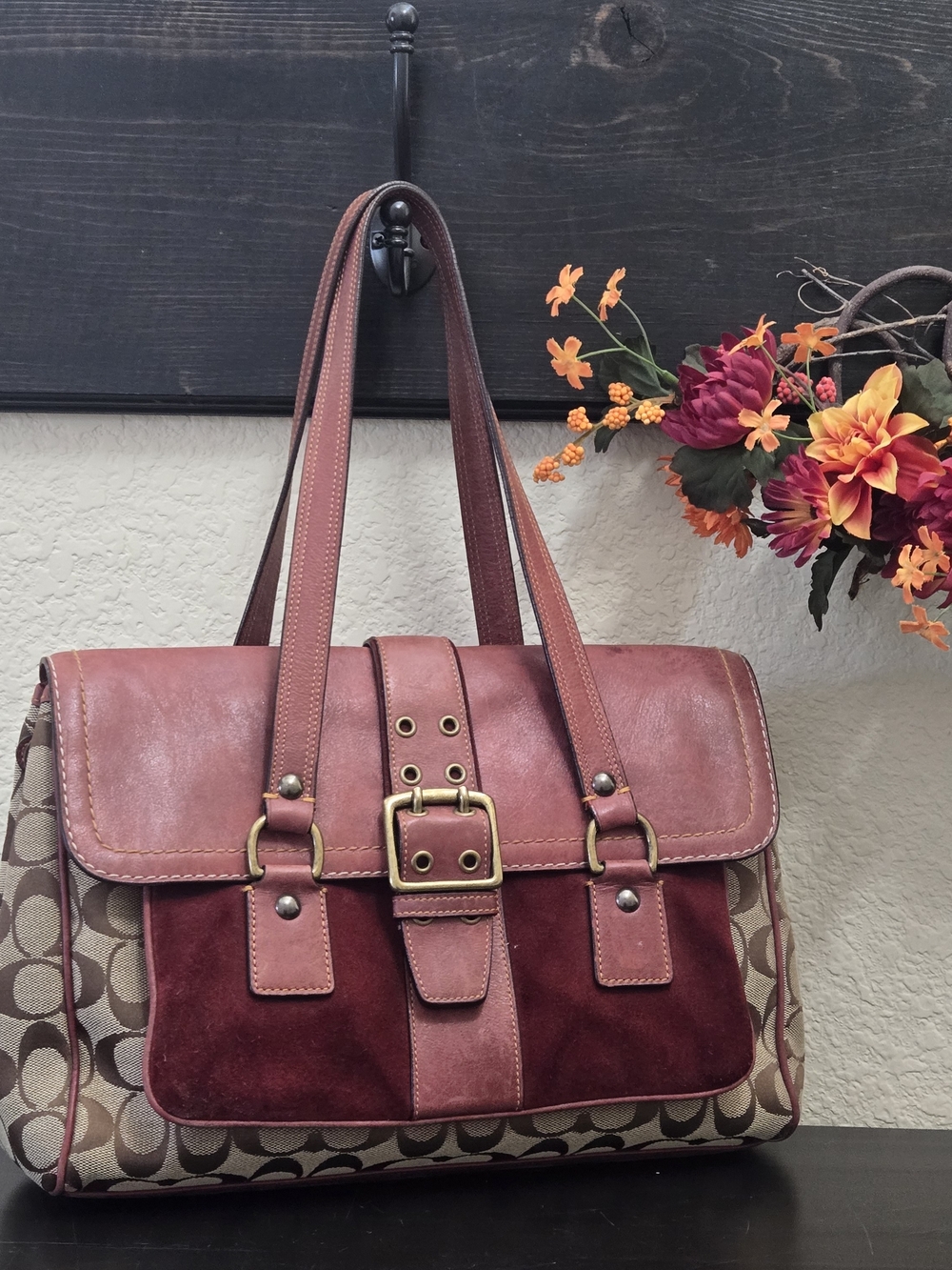 Stylish Women's Satchel Handbag in Burgundy and Tan